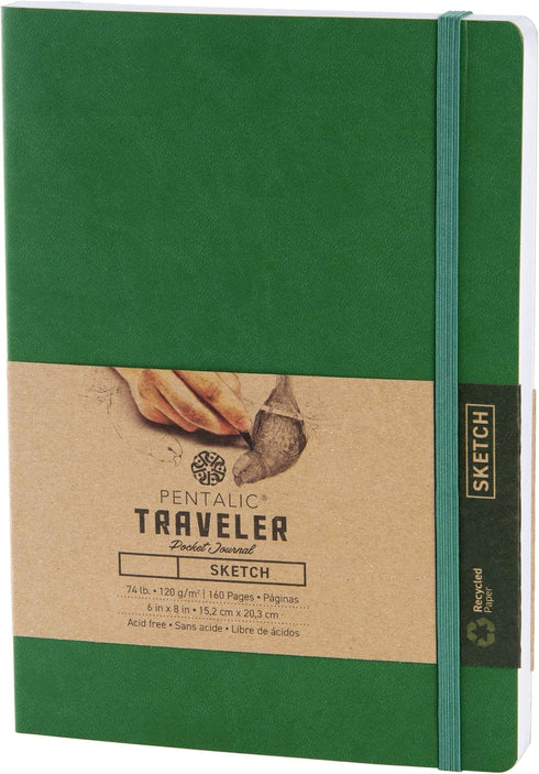 Pentalic Pocket Sketchbook Traveler Journal, 6" x 8", 160 Pages, Green