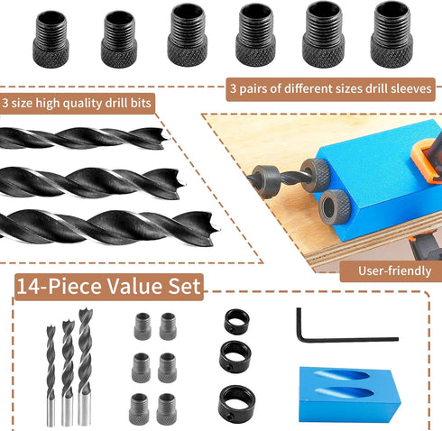 14 Pcs Pocket Hole Jig Kit, 15 Degree Woodworking Inclined Hole Jig with Drive Adapter