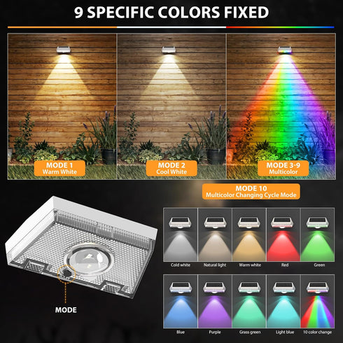 7Colors IP65 (2Pack) Solar Fence Lights,Warm White & Cool White & RGB Color Changing Mode Waterproof Solar Lights