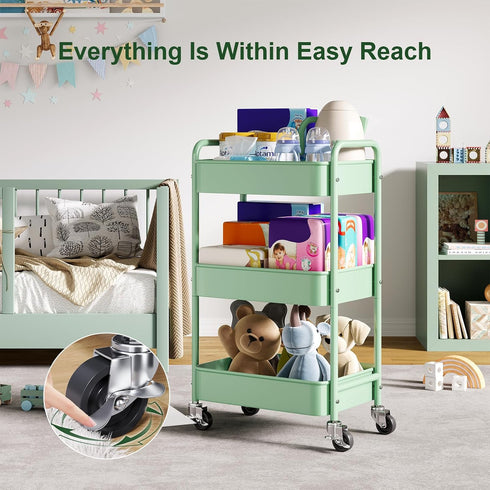 Aofure 3 Tier Rolling Storage Cart Metal with Wheels, Green Baby Diaper Caddy Carts, Three Tiered Craft Cart Organizer