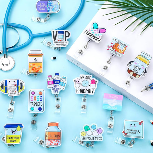 Suncalla 16 Pcs Pharmacy Badge Reel Funny Pharmacy Technician Gifts Retractable Nurse Badge Reel for Doctors Nurses