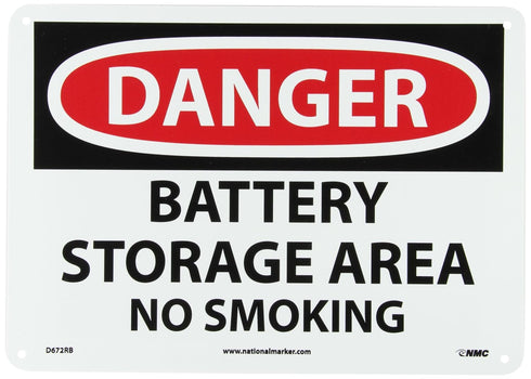 NMC - D672RB D672AB DANGER - BATTERY STORAGE AREA NO SMOKING Sign, 14 in. x 10 in., Red/Black Text on White