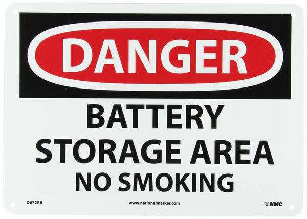 NMC - D672RB D672AB DANGER - BATTERY STORAGE AREA NO SMOKING Sign, 14 in. x 10 in., Red/Black Text on White