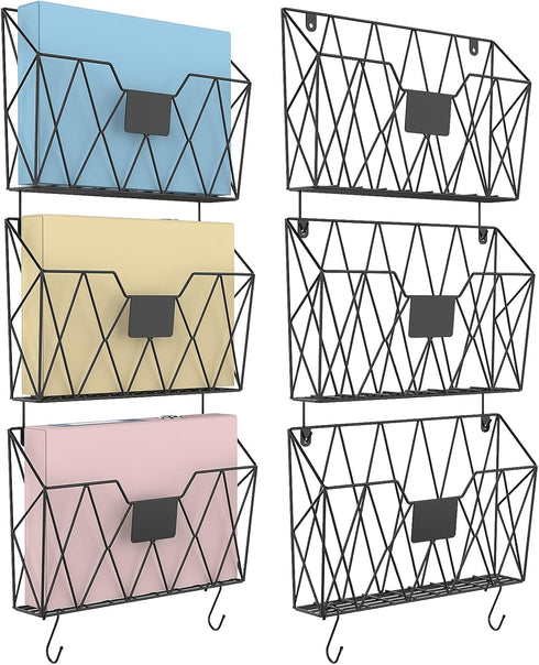 YBING Wall File Organizer, Mesh Hanging Wall Files Holder 6 Pack with Hooks for Papers Folders Files, Black