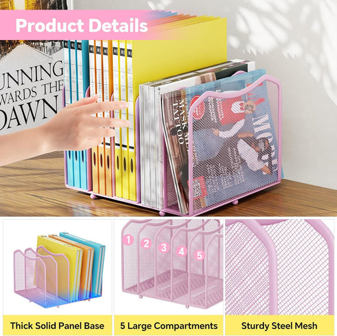 5-Section Simple Trending Mesh Desktop File Sorter Organizer, Bookshelf for Desk Home Office, Pink