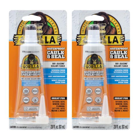 Gorilla Waterproof Caulk & Seal, 100% Silicone Sealant, White, 2.8oz Squeeze Tube (Pack of 2)