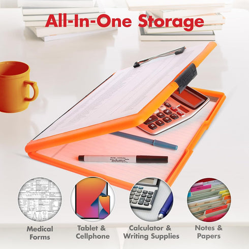 Dexas Slimcase 2 Plastic Clipboard with Storage, Neon Orange, A4 Holder for Office Supplies and Nursing
