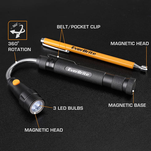 EverBrite 2-Piece Magnetic Pick Up Tool Set, Telescoping 360 Swivel Magnet Tool with LED Light, Gift for Dad