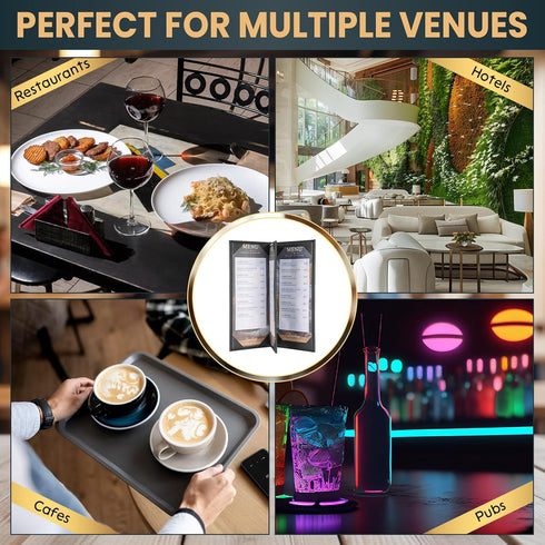 6 Pack 4 4.25" 11" View Menu Holder Menu Covers x | Black PU Leather Menu Sleeves Book Style for Restaurant Coffee Bars