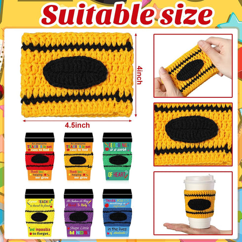 Zhehao 6 Set Crayon Teacher Appreciation Gift Card Crochet Coffee Cup Sleeve Coffee Cup Crayon Thank You for Helping Me