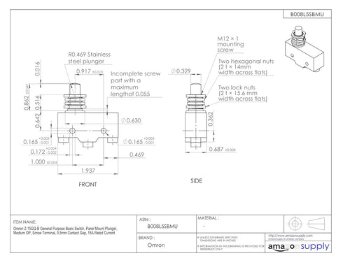 Omron Z-15GQ-B General Purpose Basic Switch, Panel Mount Plunger, Medium OP, 15A Rated Current
