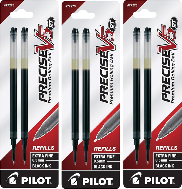 Pilot Precise V5 RT Liquid Ink Refills, Extra Fine Point 0.5 mm, Black, Pack of 6