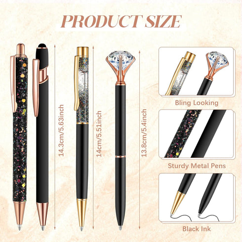 Sabary 8 Pcs Ballpoint Pens with Pen Holder, Metal Crystal Diamond Pen, Glitter Pencil Holder, Fancy Black Ink Pens for