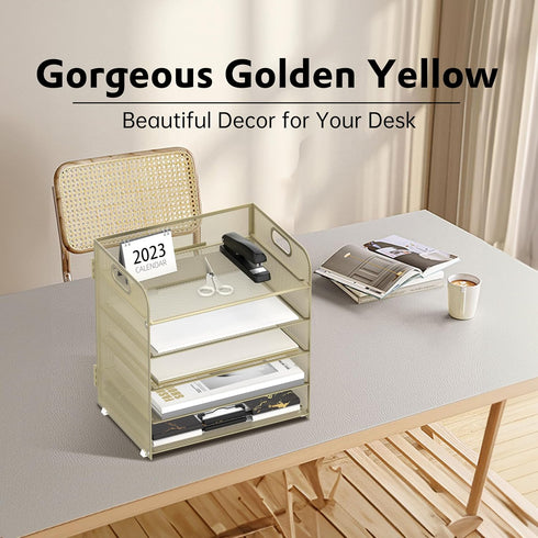 Supeasy 5 Trays Paper Organizer, Mesh Desk File Organizer with Handle for Office, Home, or School (Gold Yellow)