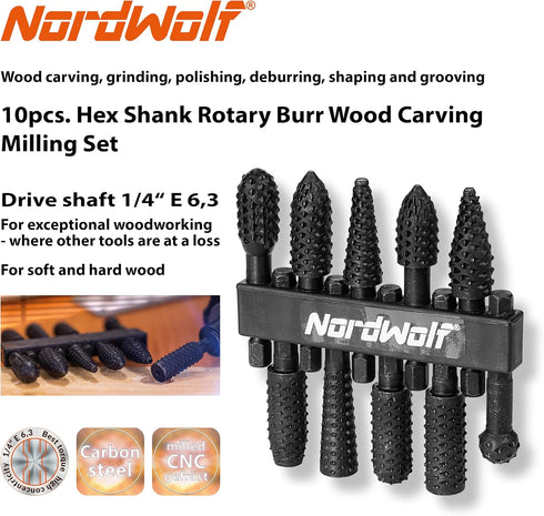 10-Piece Rotary Burr Wood Carving Rasp Files Set, 1/4" Hex Shank for Wood & Rubber Deburring and Shaping