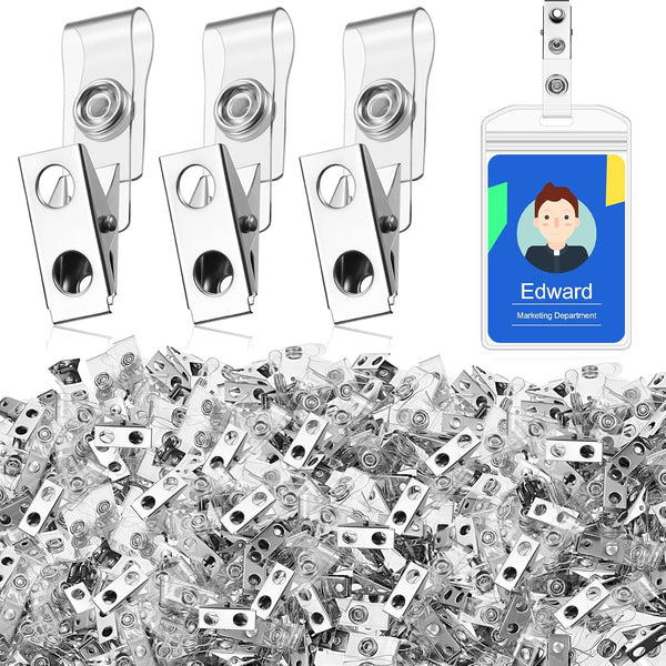 Seajan 600 Pcs Metal Badge Clips Bulk, Double Hole Name Tag Clips with Clear PVC Straps for ID Cards Holders