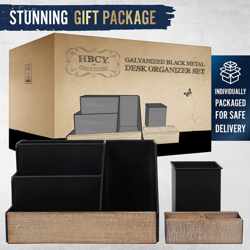 HBCY Creations 3 Piece Black Metal Desk Organizer Set, Rustic Mail Organizer, Rustic Industrial Home Decor