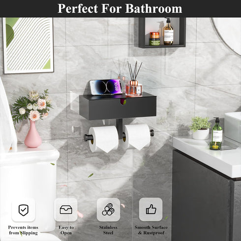 Tindbea Toilet Paper Holder with Storage Double Roll Toilet Paper Holder with Shelf, Tampon Holder for Bathroom