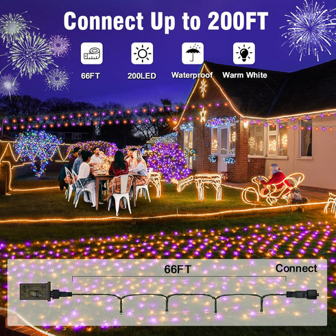 200 (66FT) Nisocy LED String Lights Outdoor Waterproof Purple Orange Fairy Lights with Plug, Connectable Christmas Tree