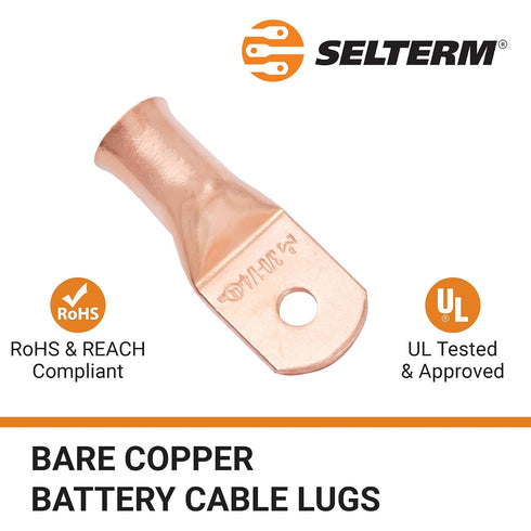 SELTERM 10pcs 3/0 AWG - 1/4" Stud Battery Lugs, Heavy Duty Wire Lugs, UL Bare Copper Eyelets