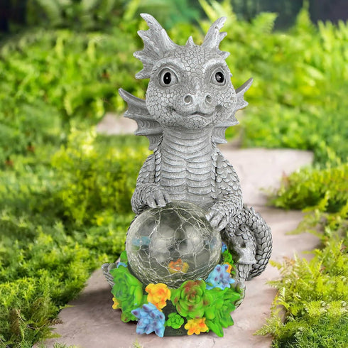 Solar Garden Outdoor Statues Dragon Holding Magic Orb with Solar LED Lights - Lawn Decor Outdoor Statue for Patio