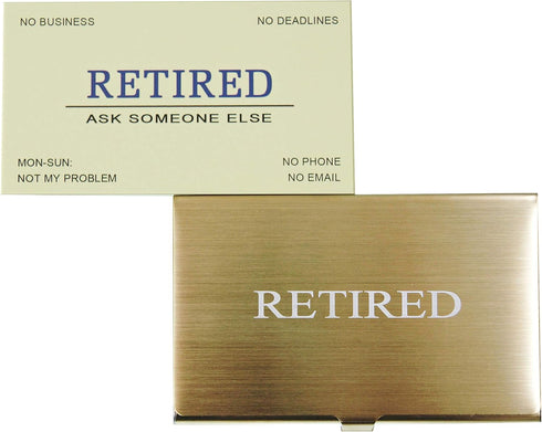 RXBC2011 Funny Retirement Gift Business Cards (Pack of 50) with Gold Stainless Steel Case for Retired Men Women