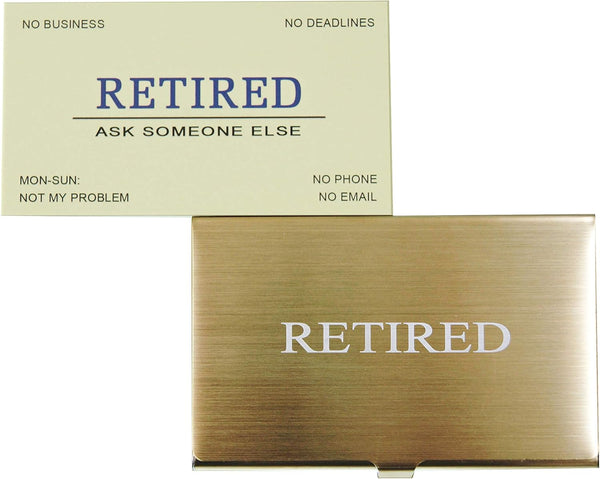 RXBC2011 Funny Retirement Gift Business Cards (Pack of 50) with Gold Stainless Steel Case for Retired Men Women