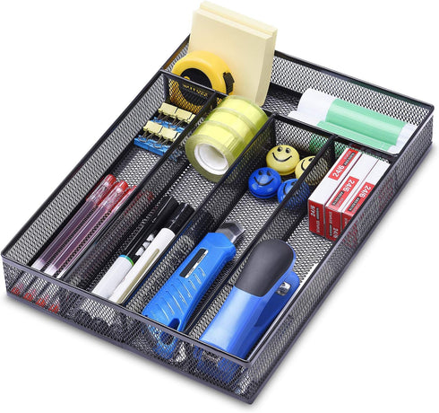 WuGeShop Office Desk Drawer Organizer, 5 Compartments Mesh Tray for Storage of Art Supplies, Stationery, Black