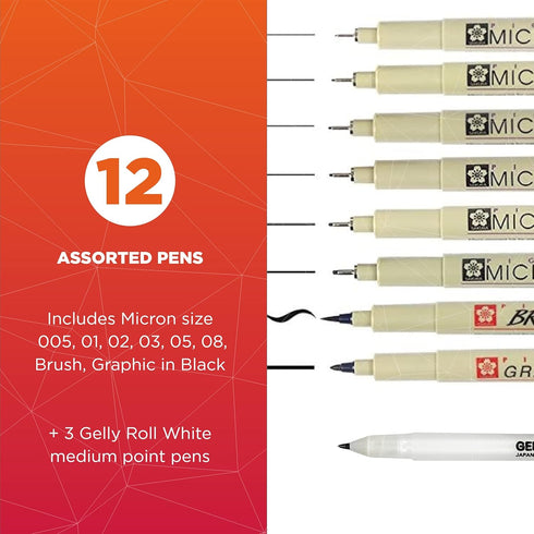 SAKURA Pigma Micron Fineliner Pens & Gelly Roll Classic White Pens - Pens for Writing, Drawing, or Journaling - Assorted Point Sizes - 8 Black Ink Micron Pens - 3 White Gelly Roll Pens by SAKURA