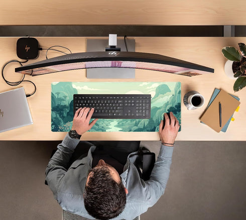 Cute Pastel Mint Green Forest Sage Desk Mat, Aesthetic Sunrise Anime Large Gaming Mouse Pad XL, 31.5"x11.8" with