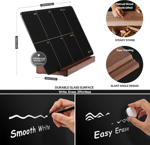 Desktop Black Glass Weekly Planner Dry Erase Whiteboard, 12x6" with Detachable Wood Stand, Small Portable Week Calendar