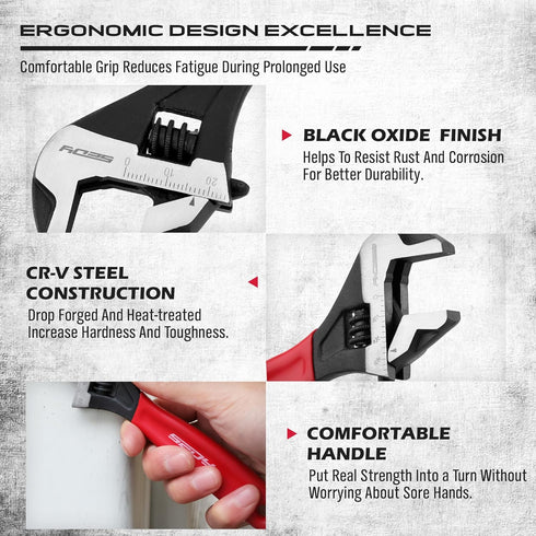 6" Adjustable Wrench Pipe Spanner: Wide Jaw Black Oxide Wrench with Cushion Grip, CR-V Steel