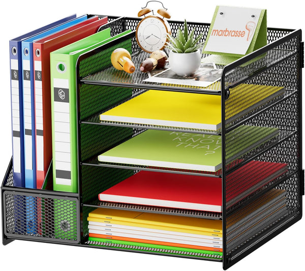 Marbrasse Desk Organizer with File Holder, 5-Tier Paper Letter Tray, Mesh Organizers for Office Supplies (Black)