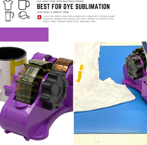 Purple Heat Tape Dispenser - Sublimation Tape Dispenser to Pre-Cut Heat Resistant Tape | Heat Transfer Tape, Fast Multi-Tape Cutter, Semi-Automatic, Manual Video & 1" Core for Scotch Tapes