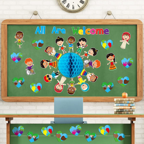 BeYumi 75PCS Student Diversity Bulletin Board Set, All are Welcome Hearts Cutouts for Classroom Decoration