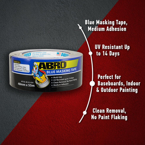 ABRO Blue Masking Tape 48mm x 55M, All Purpose for Temporary Labeling, Easy Tear, Clean Removal, Painters Tape