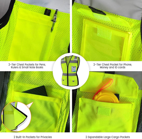 Women's Reflective Vest, Hi Vis Neon Safety Vest with 11 Pockets, Zipper, ANSI Compliant (U-Yellow, S)