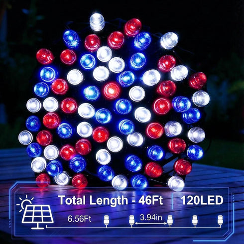 46FT 120LED 8 4th Solar Red White Blue String Lights Patriotic Light with Modes Waterproof Solar Powered Outdoor Lights