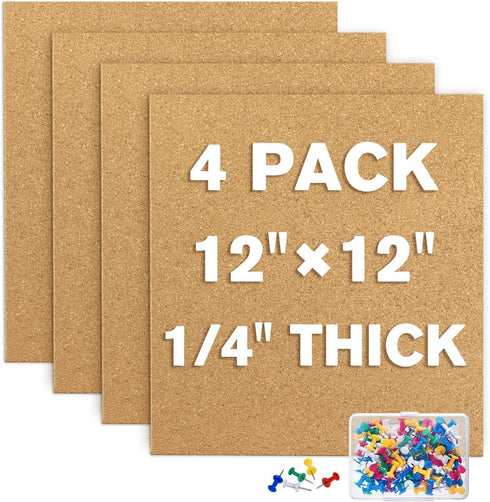 TUPARKA 4 Pack Cork Board 12"x12" with 100 Push Pins, Self-Adhesive Bulletin Boards for Home School Office