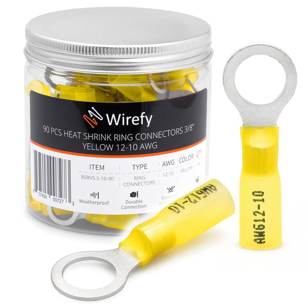 Wirefy 90 PCS Heat Shrink Ring Terminals - Yellow 3/8" Resistant Ring Connectors for 10-12 AWG Eyelet Wires