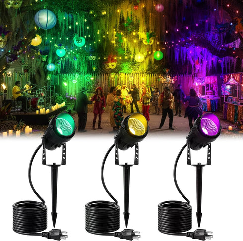 Grinsvalley 3 Pcs Mardi Gras Spotlight Outdoor Decorations Purple Green and Gold Spotlight Plug in Waterproof Spot