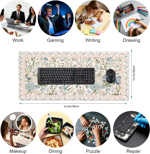 OUNNTC Aesthetic Pink Floral Desk Pad, XXL Large Mouse Pad for Desk with Anti-Slip & Stitched Edges, Keyboard Mat