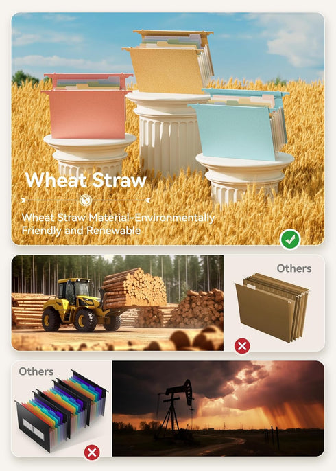Wheat Straw Expanding Hanging File Folders, 1.2" Accordion Pockets, Large Capacity Letter Size, 100% BPA Free
