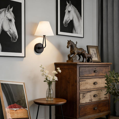 Generic Modern White Linen Wall Sconce, Handcrafted Wall Mounted Lamp with Double-Angle Arm, Hardwired Light Fixture