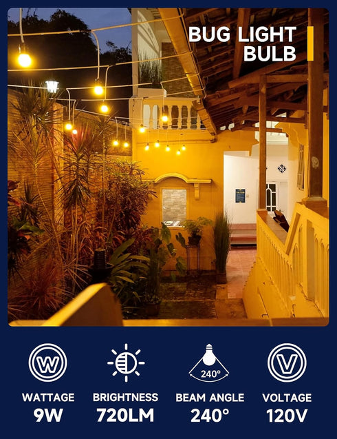 Yellow LED Bug Light Bulbs, A19 Outdoor Yellow Bug Light, 9W Equivalent 60W, E26 Base, Non-Dimmable, 4 Pack