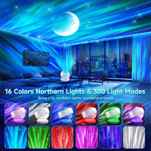 300+ 15 Northern Lights Projector Galaxy Projector with Light Effects Sound Machine, LED Star Projector Aurora Light