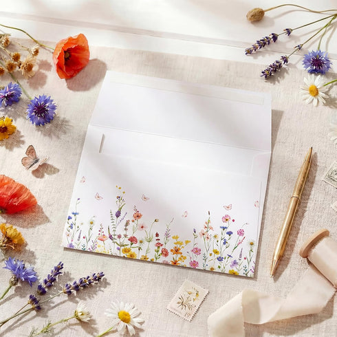 50 4x6 300gsm Crisky Floral Wildflower Thank You Cards with Envelopes, Sealing Matching Stickers, Blank Cards