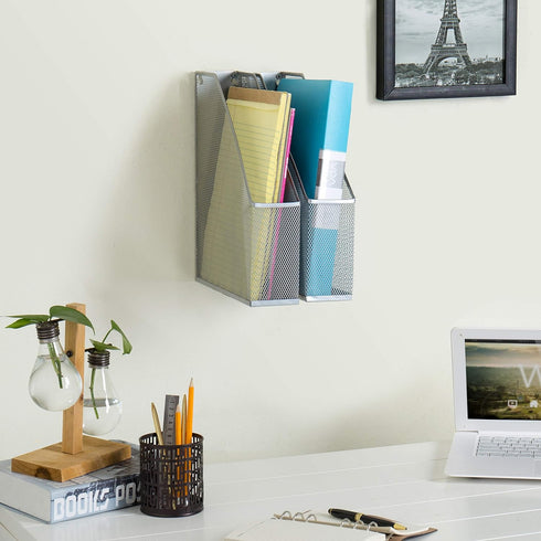MyGift Silver Wire Mesh Document Holder, Set of 2, Wall Mounted or Desktop Magazine and File Rack