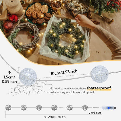 Lights,10FT 30 Lights,8 Globe String LED Decorative Christmas Modes Crystal Crackle Ball Lights,USB Twinkle Fairy