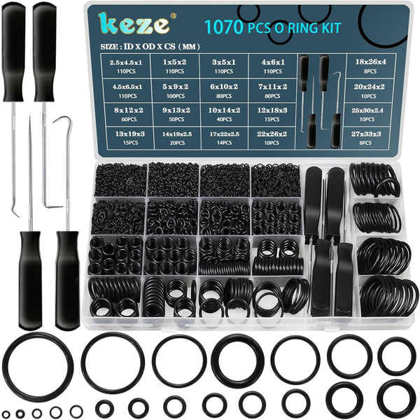 1070 Pcs Rubber O-Rings Kit with Assorted Tools Set, 20 Sizes, OD: 4.5mm-33mm